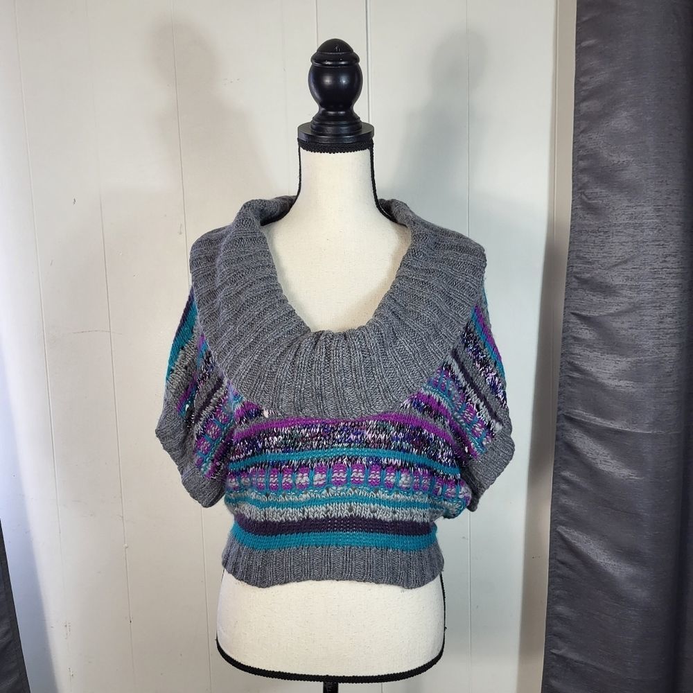 LINQ LOS ANGELES Gray Teal Purple Striped Wool Angora Knit Cropped Sweater Sz S